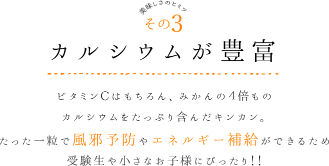 美味しさのヒミツその3 カルシウムが豊富 ビタミンCはもちろん、みかんの４倍もの カルシウムをたっぷり含んだキンカン。 たった一粒で風邪予防やエネルギー補給にも。